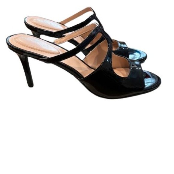 Bandolino Shoes - Bandolino “Mizelle” High Heel Sandals in Black Faux Leather with Open Toe Design
